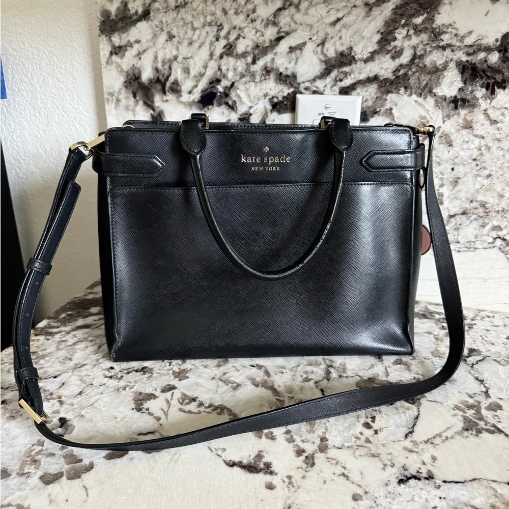 kate spade Black Leather Structured Briefcase Tote with Gold Logo